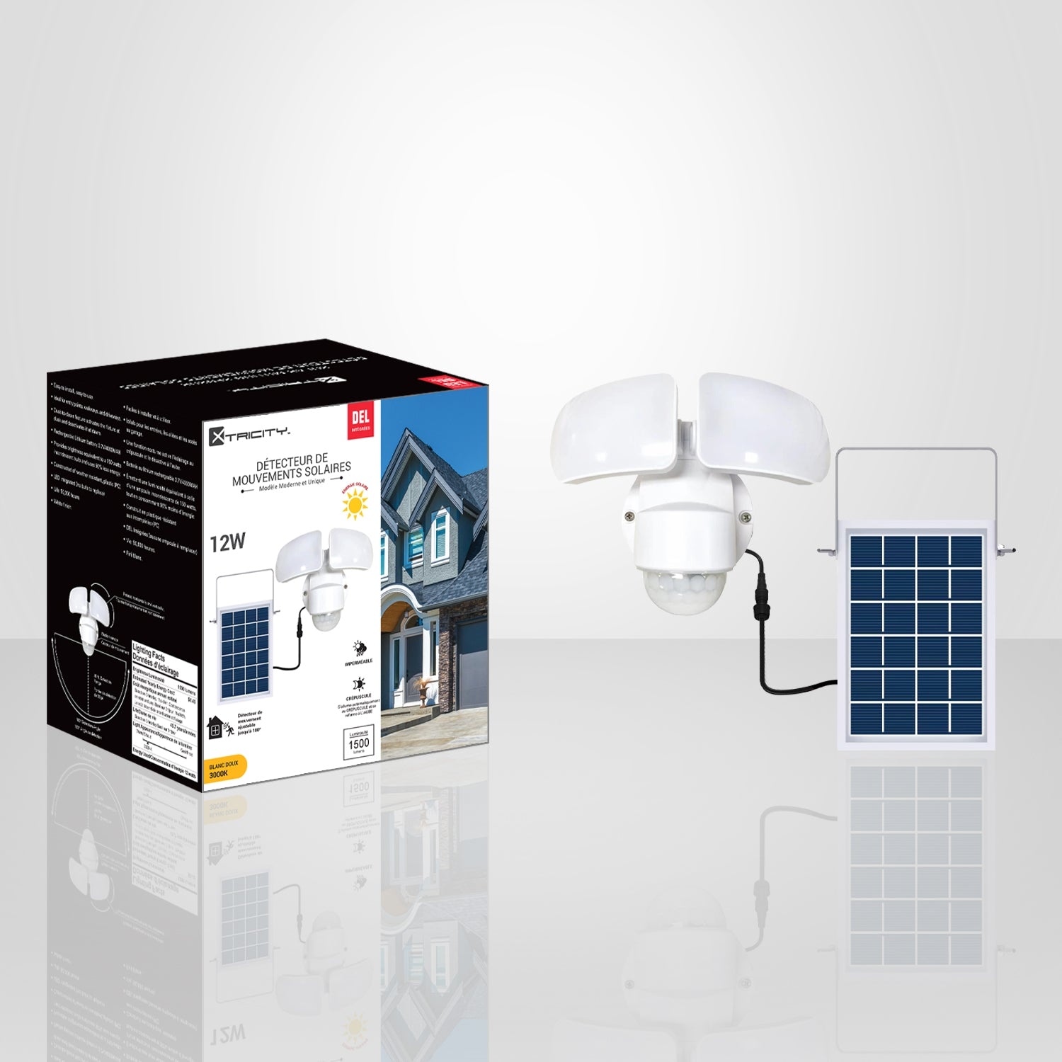 Xtricity - Lumière de Sécurité Extérieur DEL avec Détecteur de Mouvement, Alimenté par Panneau Solaire, 12W, 3000K Blanc Doux - Simple Boutique