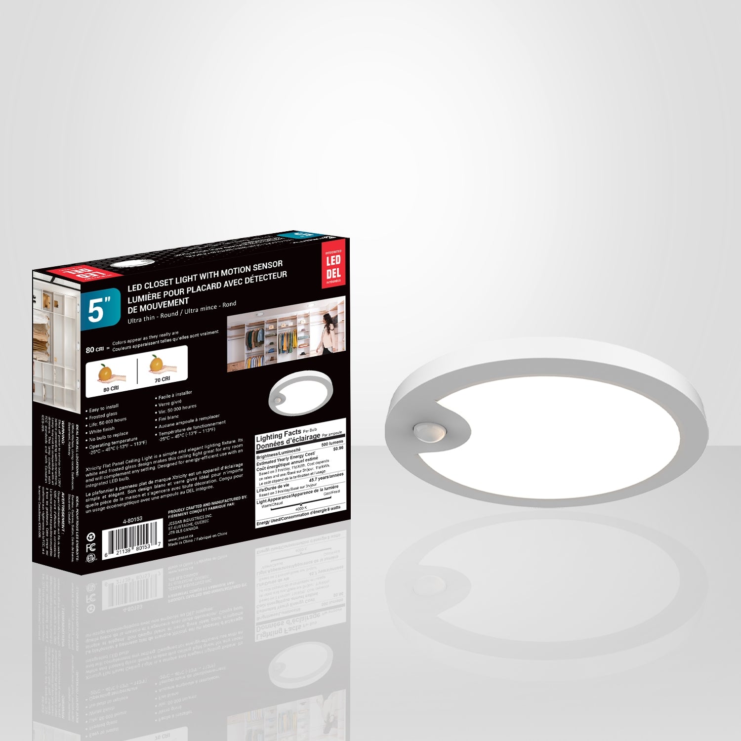 Xtricity - Lumière pour Placard avec Détecteur de Mouvement, Diamètre de 5'', 8W, 4000K Blanc Froid - Simple Boutique