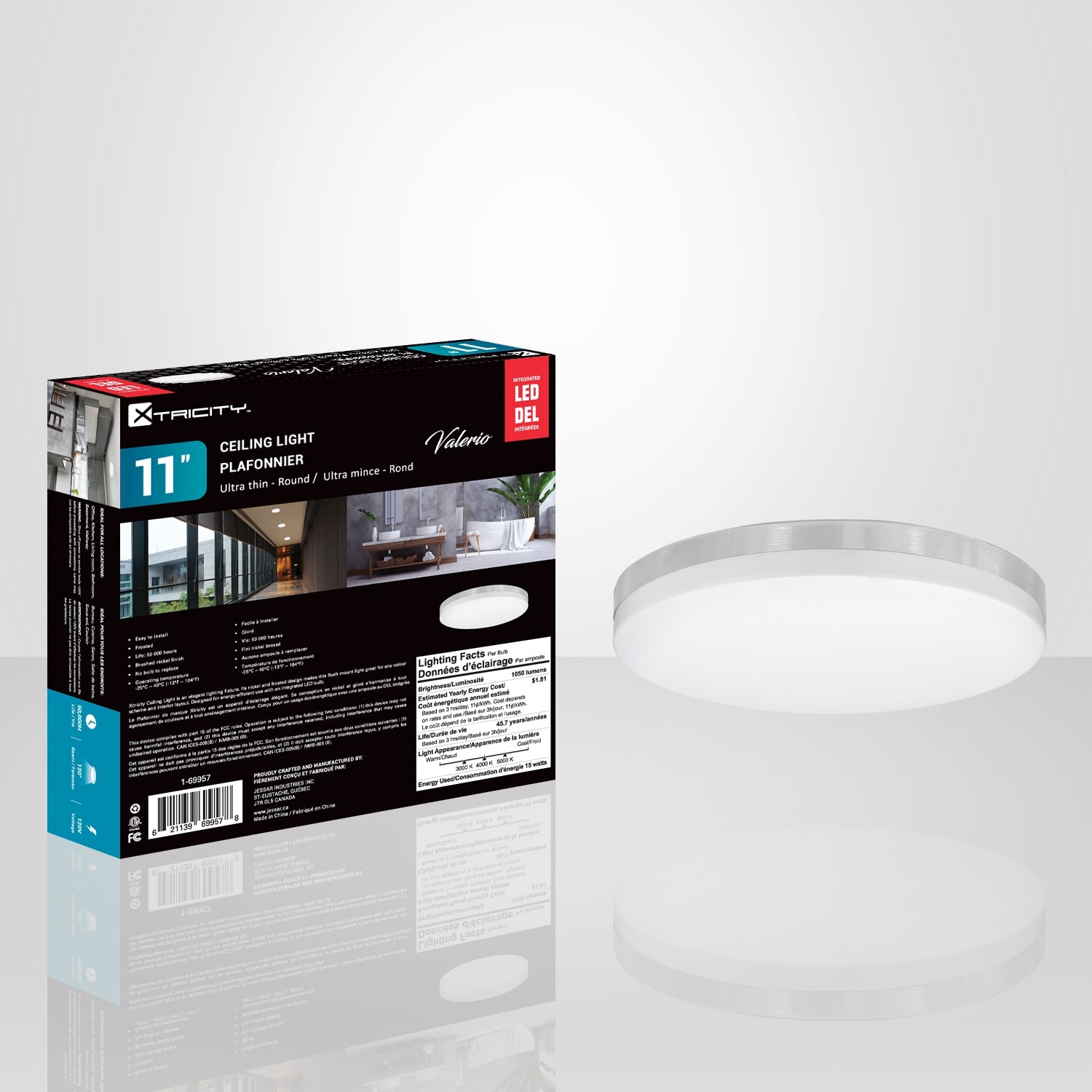 Xtricity - Plafonnier Rond avec DEL Intégrées, Diamètre de 11", 3 Options de Couleurs, De la Collection Valerio, Nickel - Simple Boutique