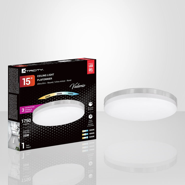 Xtricity - Plafonnier Rond avec DEL Intégrées, Diamètre de 15", 3 Options de Couleurs, De la Collection Valerio, Nickel - Simple Boutique