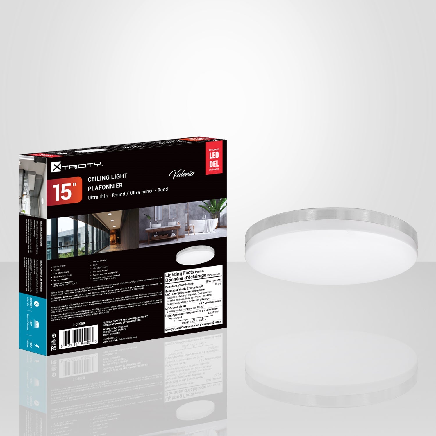 Xtricity - Plafonnier Rond avec DEL Intégrées, Diamètre de 15", 3 Options de Couleurs, De la Collection Valerio, Nickel - Simple Boutique