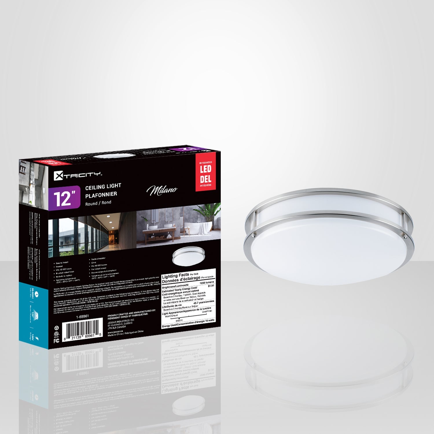 Xtricity - Plafonnier avec DEL Intégrées, Diamètre de 12", De la Collection Milano, Nickel - Simple Boutique