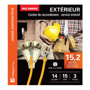 Xtricity - Rallonge Électrique Lumineuse à 3 Prises avec Mise à la Terre, Longeur de 15.2 Mètres, Pour Usage Extérieur, Jaune - Simple Boutique