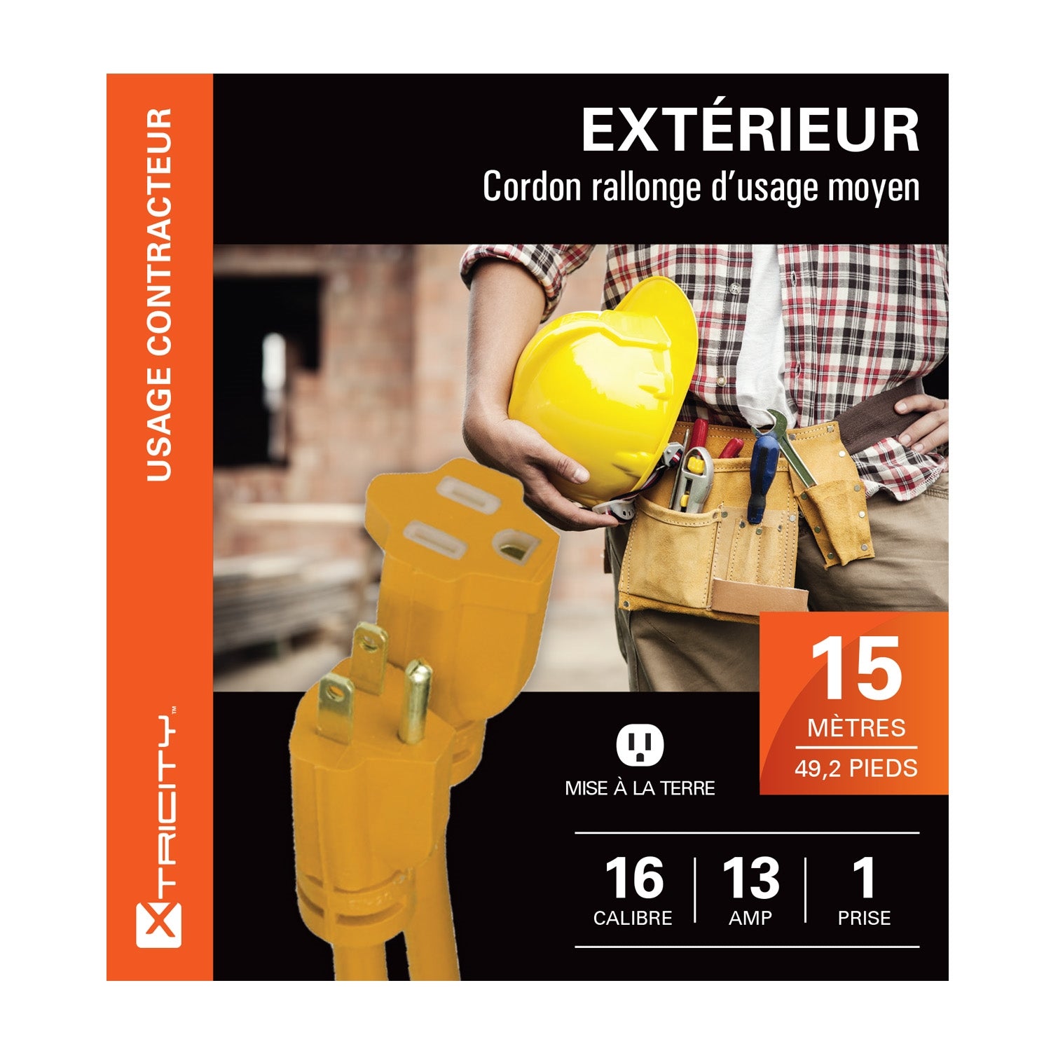 Xtricity - Rallonge Électrique à 1 Prise avec Mise à la Terre, Longeur de 15 Mètres, Pour Usage Extérieur, Jaune - Simple Boutique