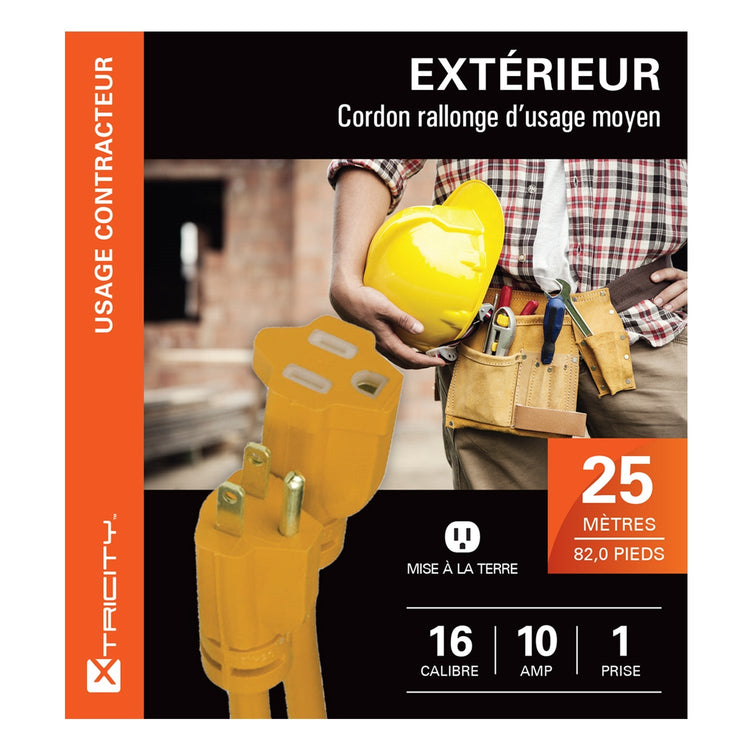 Xtricity - Rallonge Électrique à 1 Prise avec Mise à la Terre, Longeur de 25 Mètres, Pour Usage Extérieur, Jaune - Simple Boutique