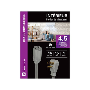 Xtricity - Rallonge Électrique à 1 Prise avec Mise à la Terre, Longeur de 4.5 Mètres, Pour Usage Intérieur, Gris - Simple Boutique