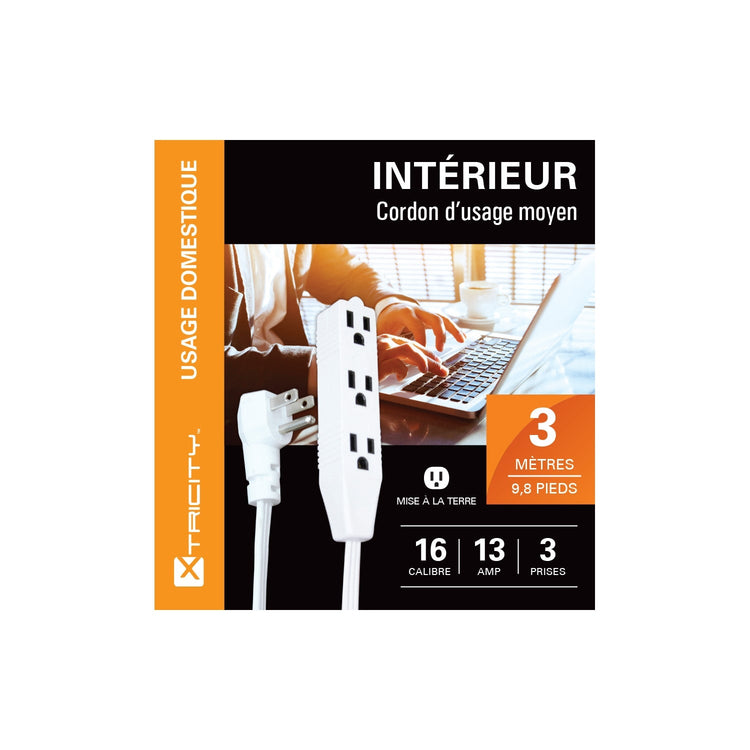Xtricity - Rallonge Électrique à 3 Prise avec Mise à la Terre, Longeur de 3 Mètres, Pour Usage Intérieur, Blanc - Simple Boutique