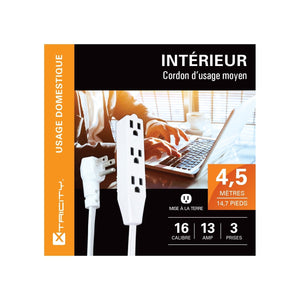 Xtricity - Rallonge Électrique à 3 Prise avec Mise à la Terre, Longeur de 4.5 Mètres, Pour Usage Intérieur, Blanc - Simple Boutique