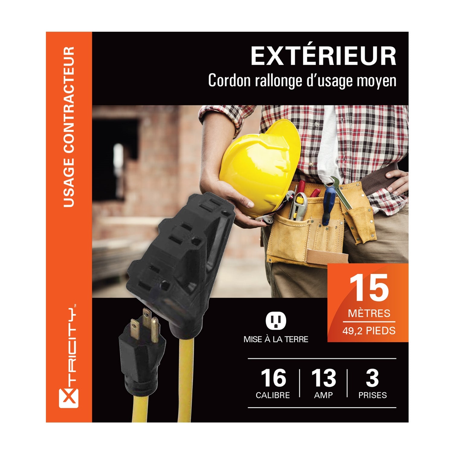 Xtricity - Rallonge Électrique à 3 Prises avec Mise à la Terre, Longeur de 15 Mètres, Pour Usage Extérieur, Jaune - Simple Boutique