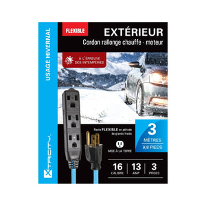 Xtricity - Rallonge Électrique à 3 Prises avec Mise à la Terre, Longeur de 3 Mètre, Pour Usage Extérieur en Hiver, Bleu - Simple Boutique