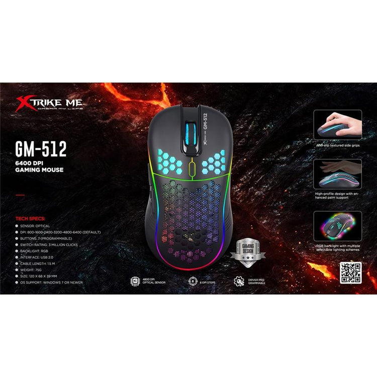 Xtrike Me GM-512 - Souris de Jeu Optique Filaire à 7 Boutons, DPI:800/1600/2400/3200/4800/6400 Avec Rétro-Éclairage RGB, Noir - Simple Boutique