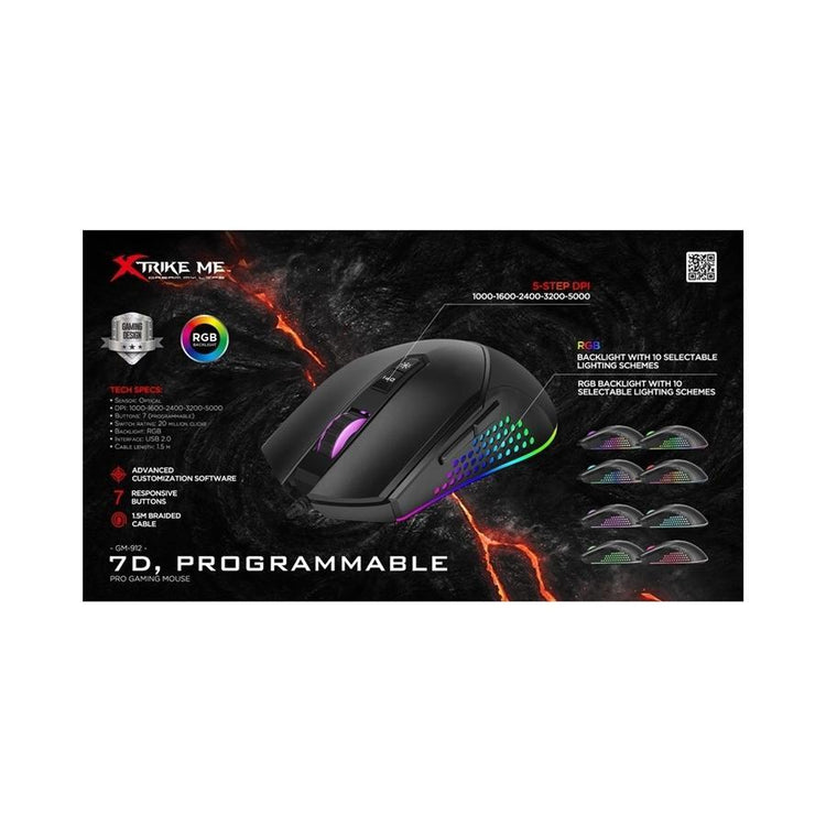 Xtrike Me GM-912 - Souris de Jeu Optique Filaire à 7 Bouttons, DPI: 1000/1600/2400/3200/5000 avec Rétro-Éclairage RGB, Noir - Simple Boutique