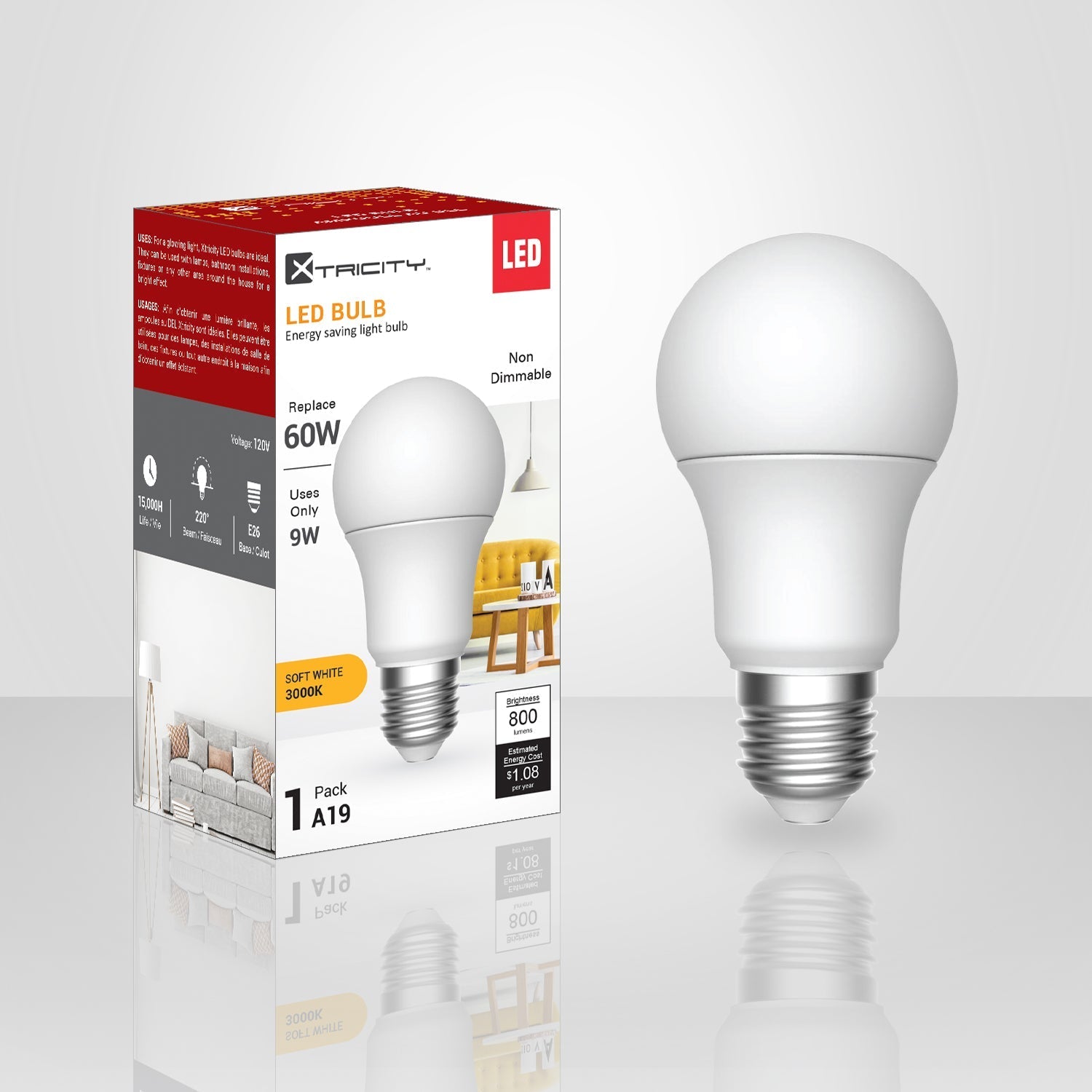 Xtricity - Ampoule DEL à économie d'énergie, 9W, Culot E26, 3000K Blanc Doux - emballage - Simple Boutique