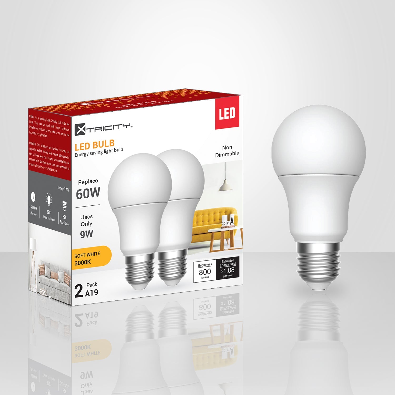 Xtricity - Ensemble de 2 Ampoules DEL à économie d'énergie, 9W, Culot E26, 3000K Blanc Doux - emballage - Simple Boutique