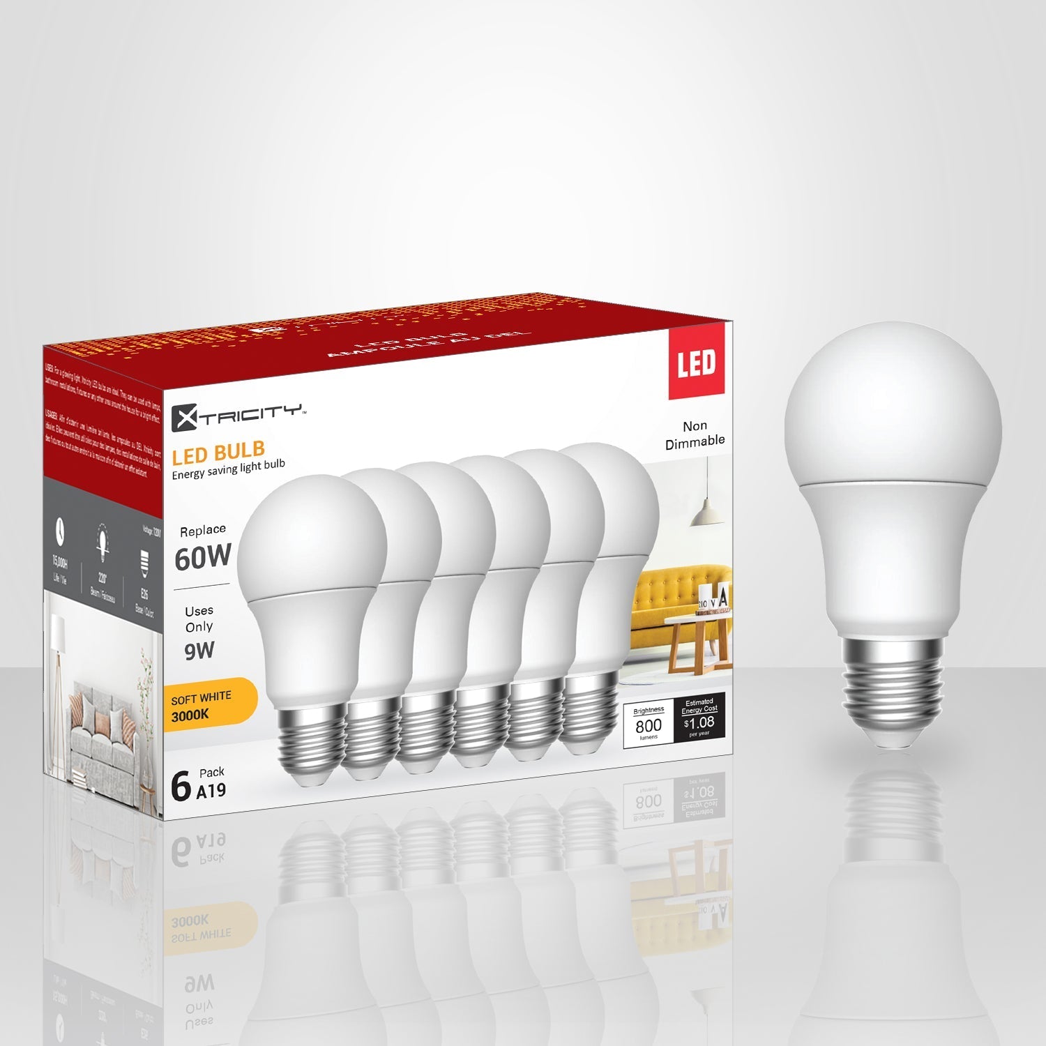 Xtricity - Ensemble de 6 Ampoules DEL à économie d'énergie, 9W, Culot E26, 3000K Blanc Doux - emballage - Simple Boutique