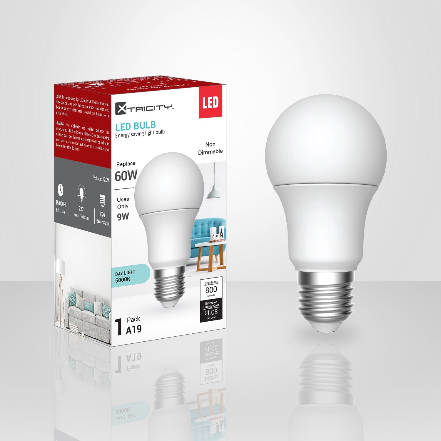 Xtricity - Ampoule DEL à éconimie d'énergie, 9W, Culot E26, 5000K Lumière du Jour - emballage - Simple Boutique