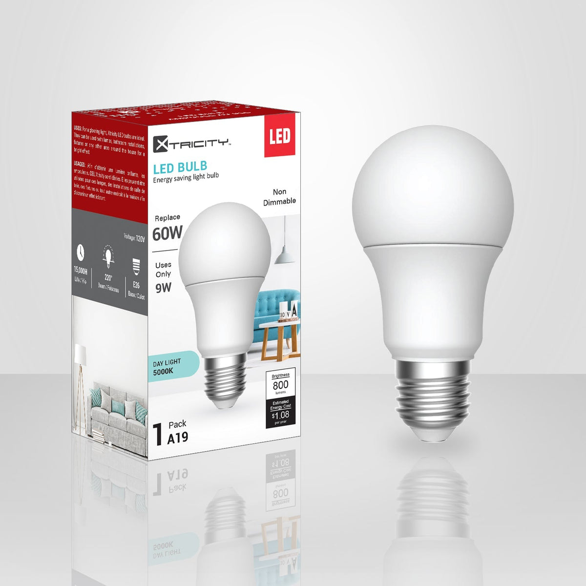 Xtricity - Ampoule DEL à éconimie d'énergie, 9W, Culot E26, 5000K Lumière du Jour - emballage - Simple Boutique