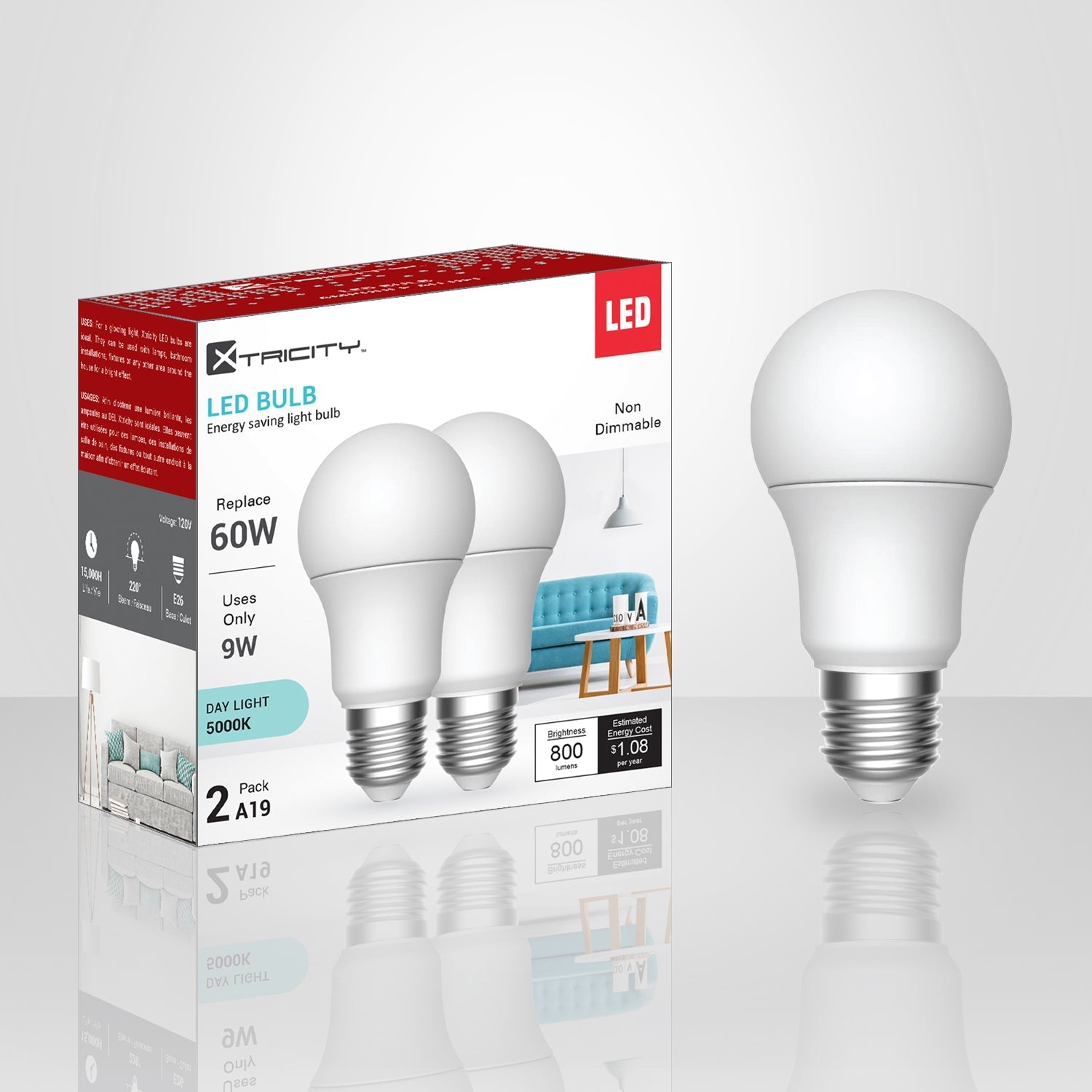 Xtricity - Ensemble de 2 Ampoules DEL à économie d'énergie, 9W, Culot E26, 5000K Lumière du Jour - emballage - Simple Boutique
