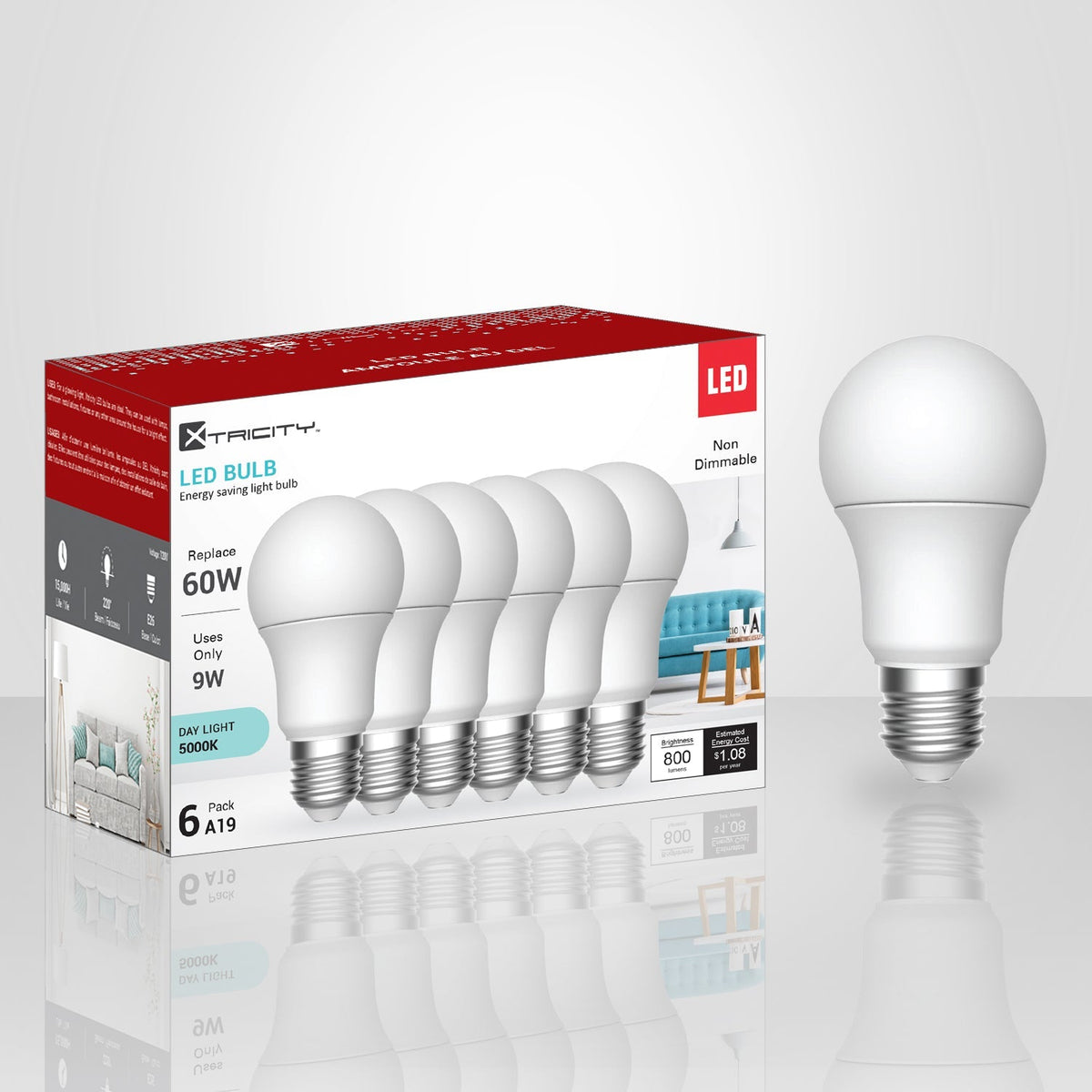 Xtricity - Ensemble de 6 Ampoules DEL à économie d'énergie, 9W, Culot E26, 5000K Lumière du Jour - emballage - Simple Boutique