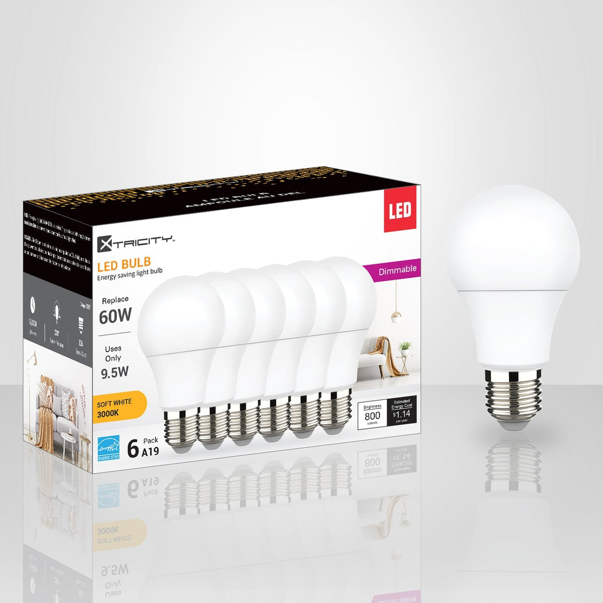 Xtricity - Ensemble de 6 Ampoules DEL Gradable à économie d'énergie, 9.5W, Culot E26, 3000K Blanc Doux - emballage - Simple Boutique