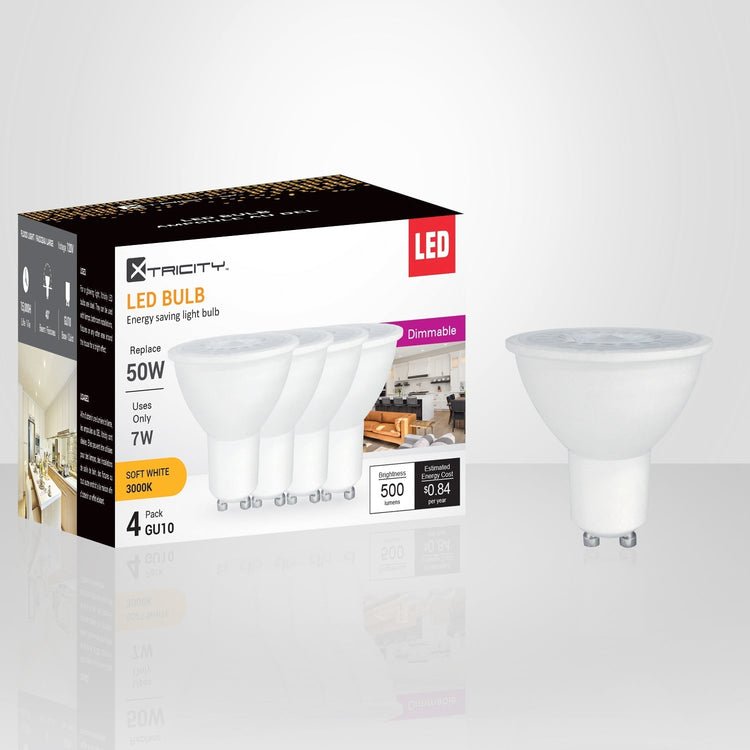 Xtricity - Ensemble de 4 Ampoules DEL Gradables à économie d'énergie, 7W, Culot GU10, 3000K Blanc Doux - emballage - Simple Boutique