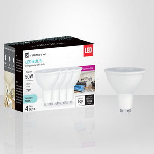 Xtricity - Ensemble de 4 Ampoules DEL Gradable à économie d'énergie, 7W, Culot GU10, 5000K Lumière du Jour - emballage - Simple Boutique