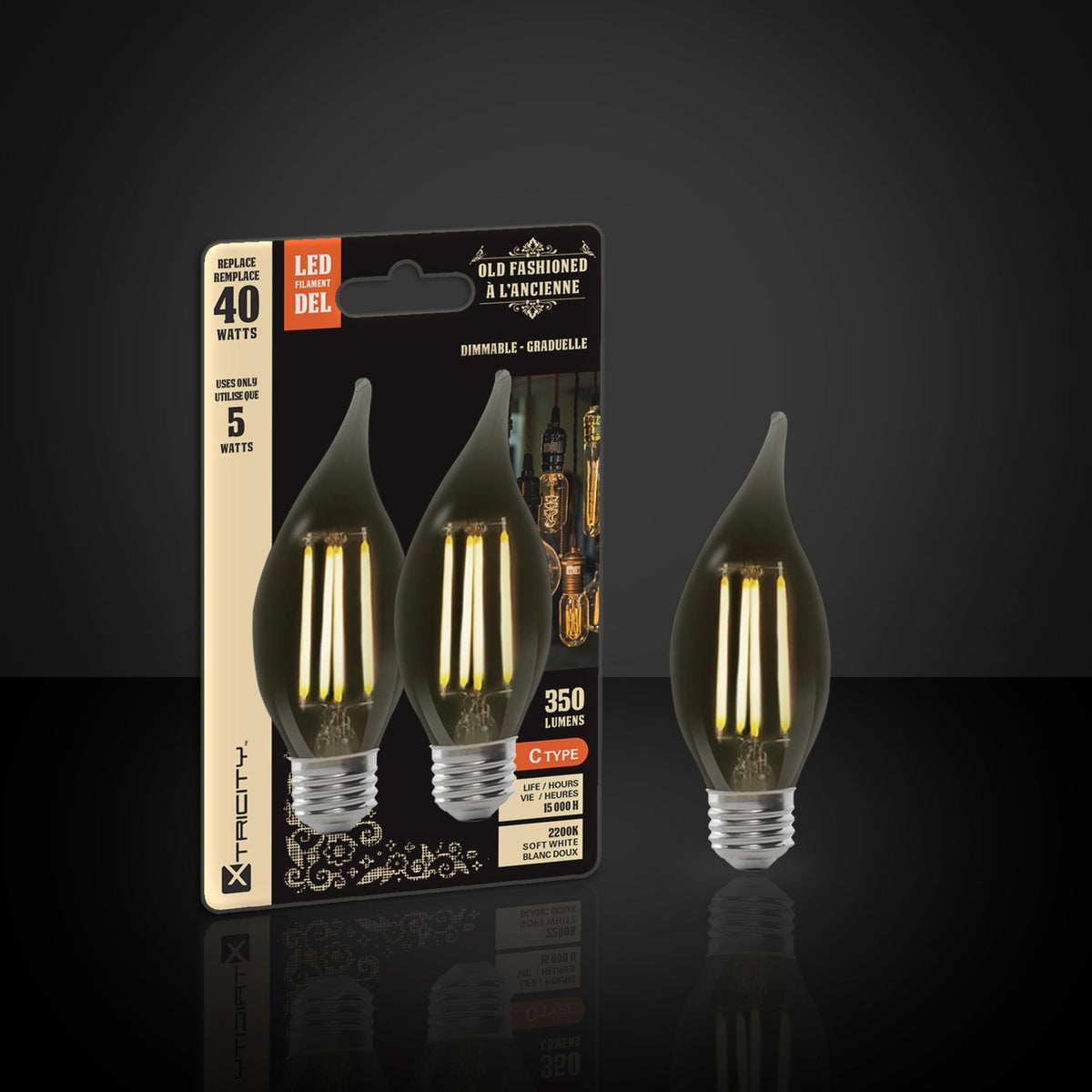 Xtricity - Ensemble de 2 Ampoules DEL Style à l'ancienne, 5.5W, Culot E26, 2200K Blanc Doux - emballage - Simple Boutique