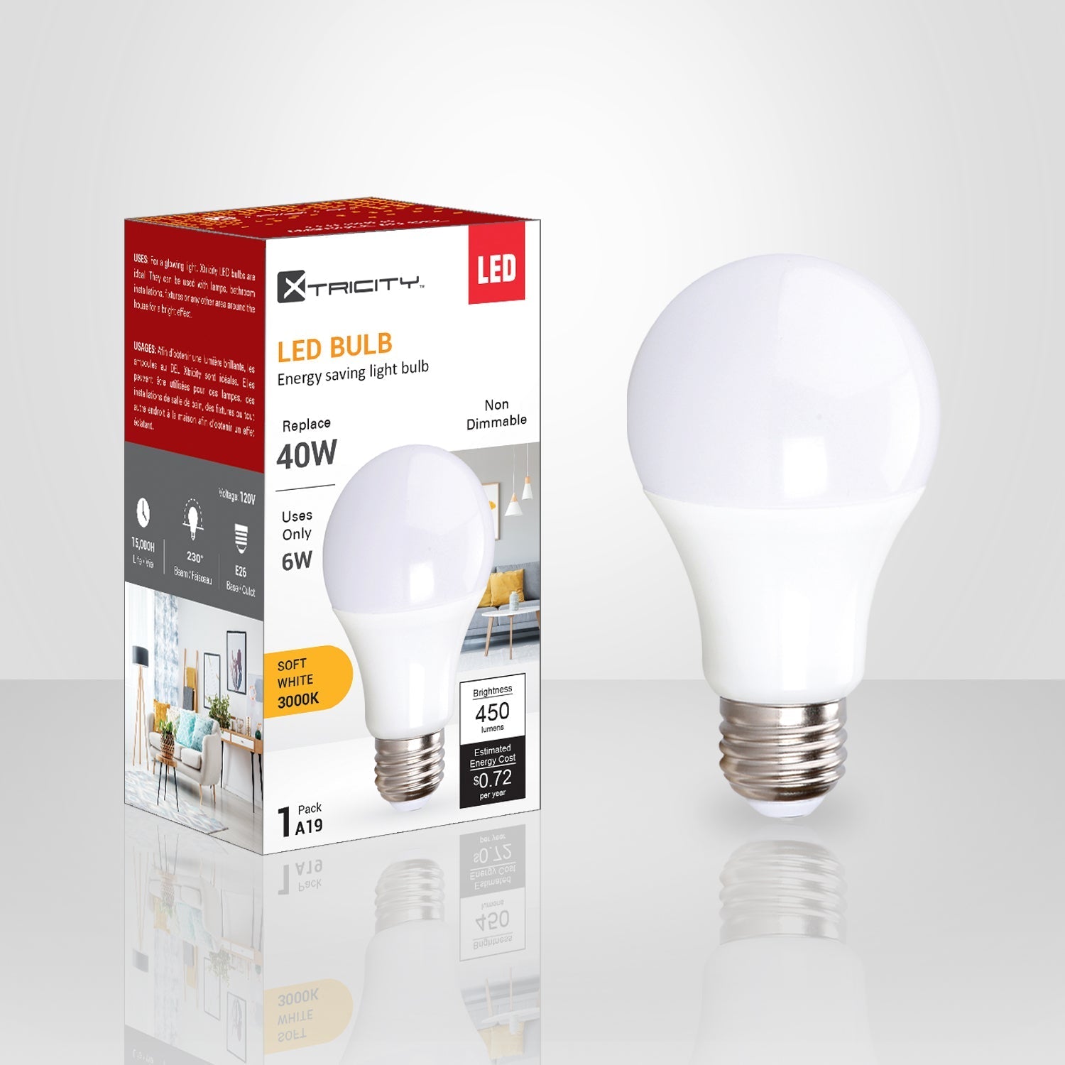 Xtricity - Ampoule DEL à économie d'énergie, 6W, Culot E26, 3000K Blanc Doux - emballage - Simple Boutique