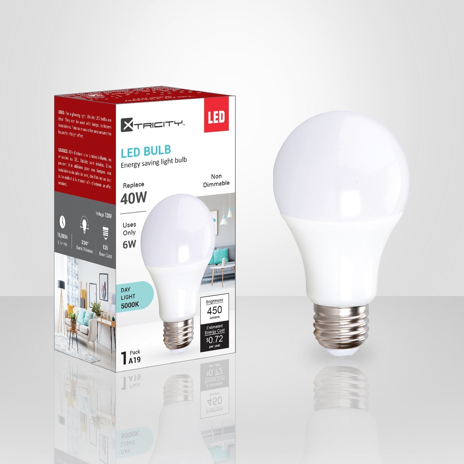 Xtricity - Ampoule DEL à économie d'énergie, 6W, Culot E26,  5000K Lumière du Jour - emballage - Simple Boutique