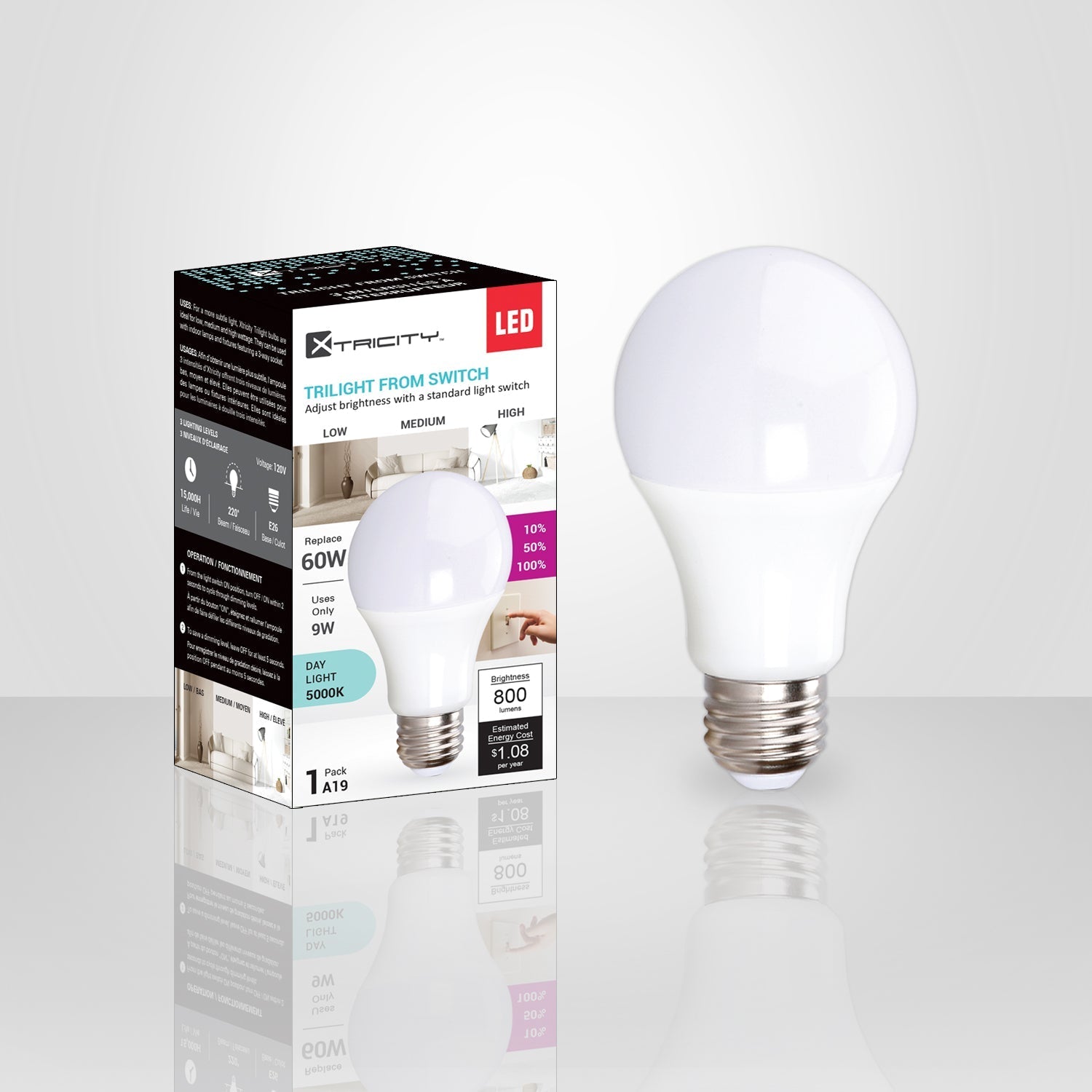 Xtricity - Ampoule DEL 3 Intensités à Intérupteur, 9W, Culot E26, 5000K Lumière du Jour - emballage - Simple Boutique
