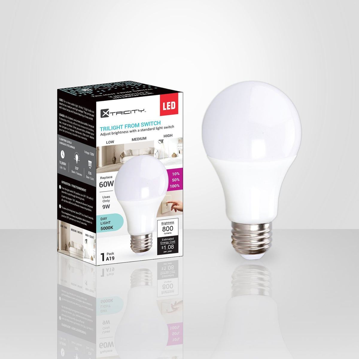 Xtricity - Ampoule DEL 3 Intensités à Intérupteur, 9W, Culot E26, 5000K Lumière du Jour - emballage - Simple Boutique