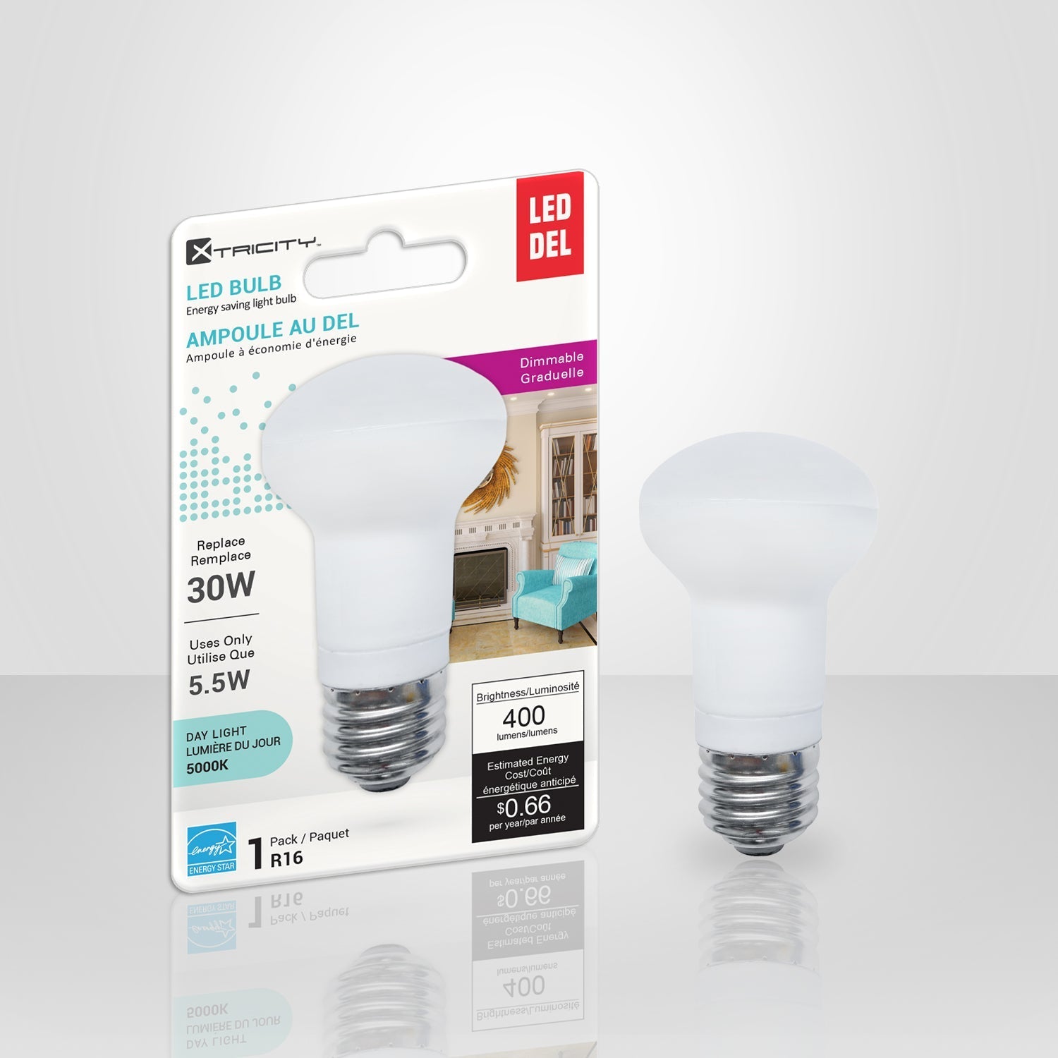 Xtricity - Ampoule DEL Gradable à économie d'éneregie, 5.5W, Culot E26, 5000K Lumière du Jour - emballage - Simple Boutique