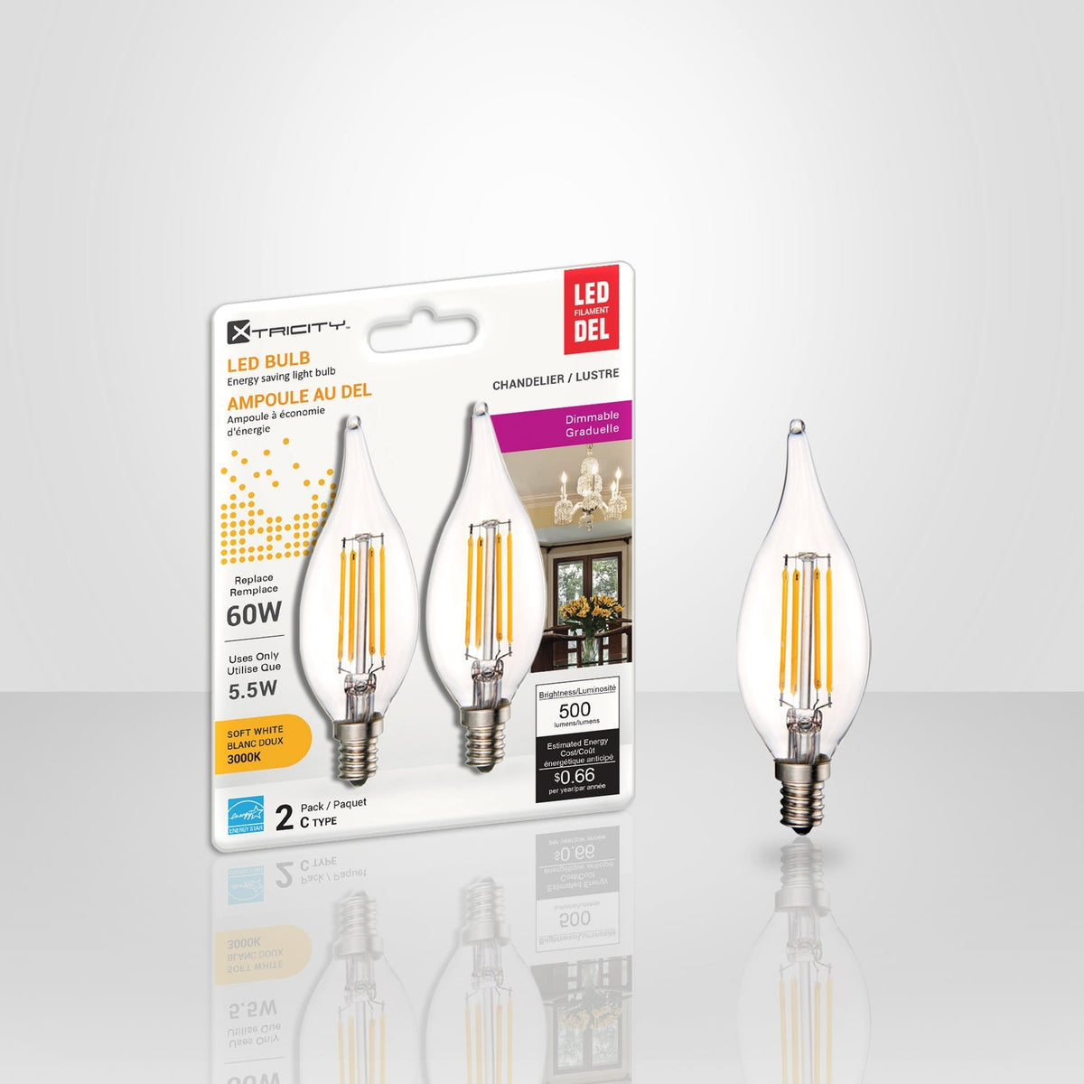 Xtricity - Ensemble de 2 Ampoules DEL Gradable à économie d'énergie, 5.5W, Culot Candélabre, 3000K Blanc Doux - emballage - Simple Boutique