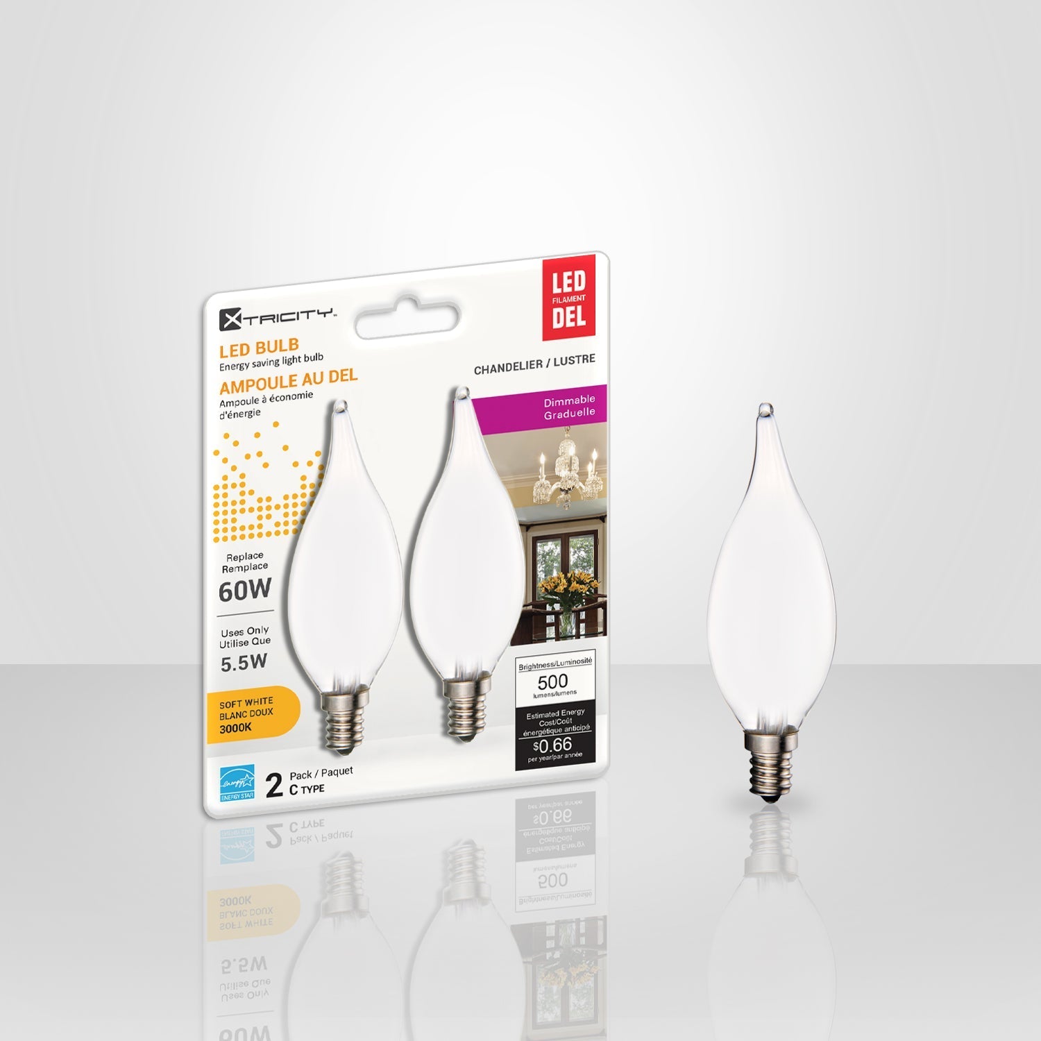 Xtricity - Ensemble d'ampoules DEL Givrées Gradables à économie d'énergie, 5.5W, Culot Candélabre, 3000K Blanc Dous - emballage - Simple Boutique