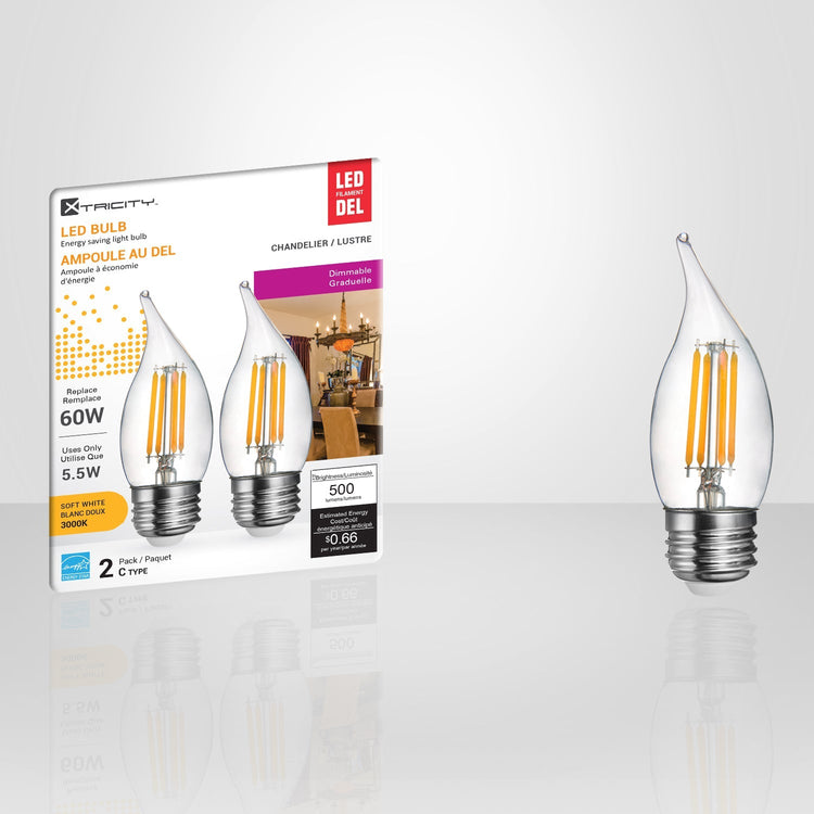 Xtricity - Ensemble de 2 Ampoules DEL Gradables à économie d'énergie, 5.5W, Culot E26, 3000K Blanc Doux - emballage - Simple Boutique