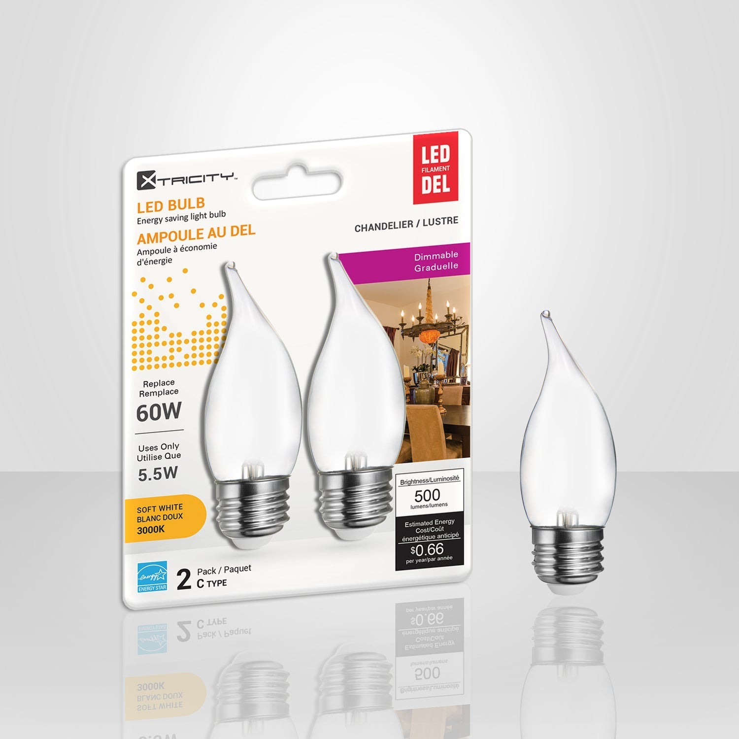 Xtricity - Ensemble de 2 Ampoule DEL Givrées Gradables à économie d'énergie, 5.5W, Culot E26, 3000K Blanc Doux - emballage - Simple Boutique