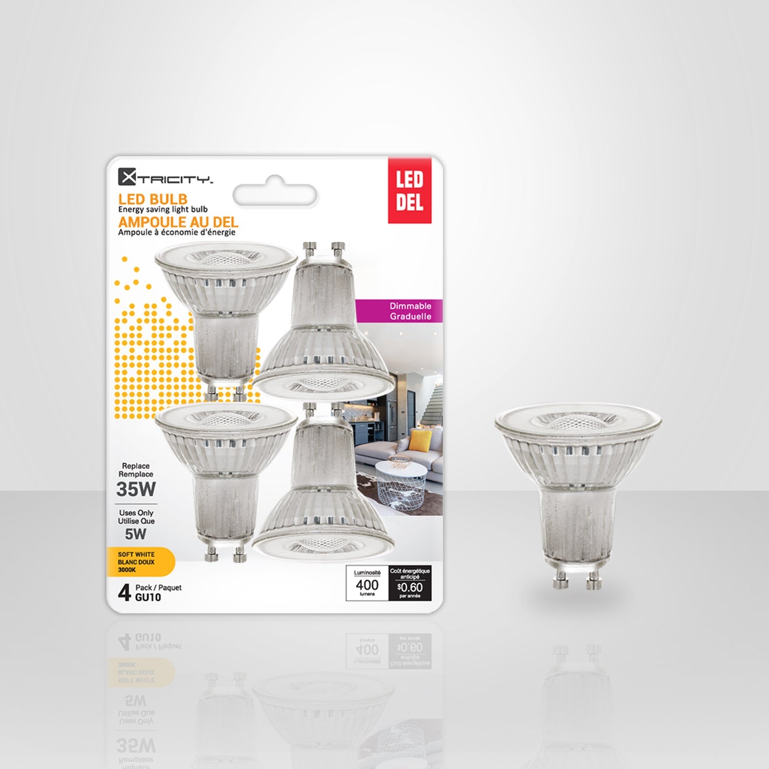 Xtricity - Ensemble de 4 Ampoules DEL à Économie d'énergie, Gradable, Type GU10, 5W, 3000K Blanc Doux - emballage - Simple Boutique