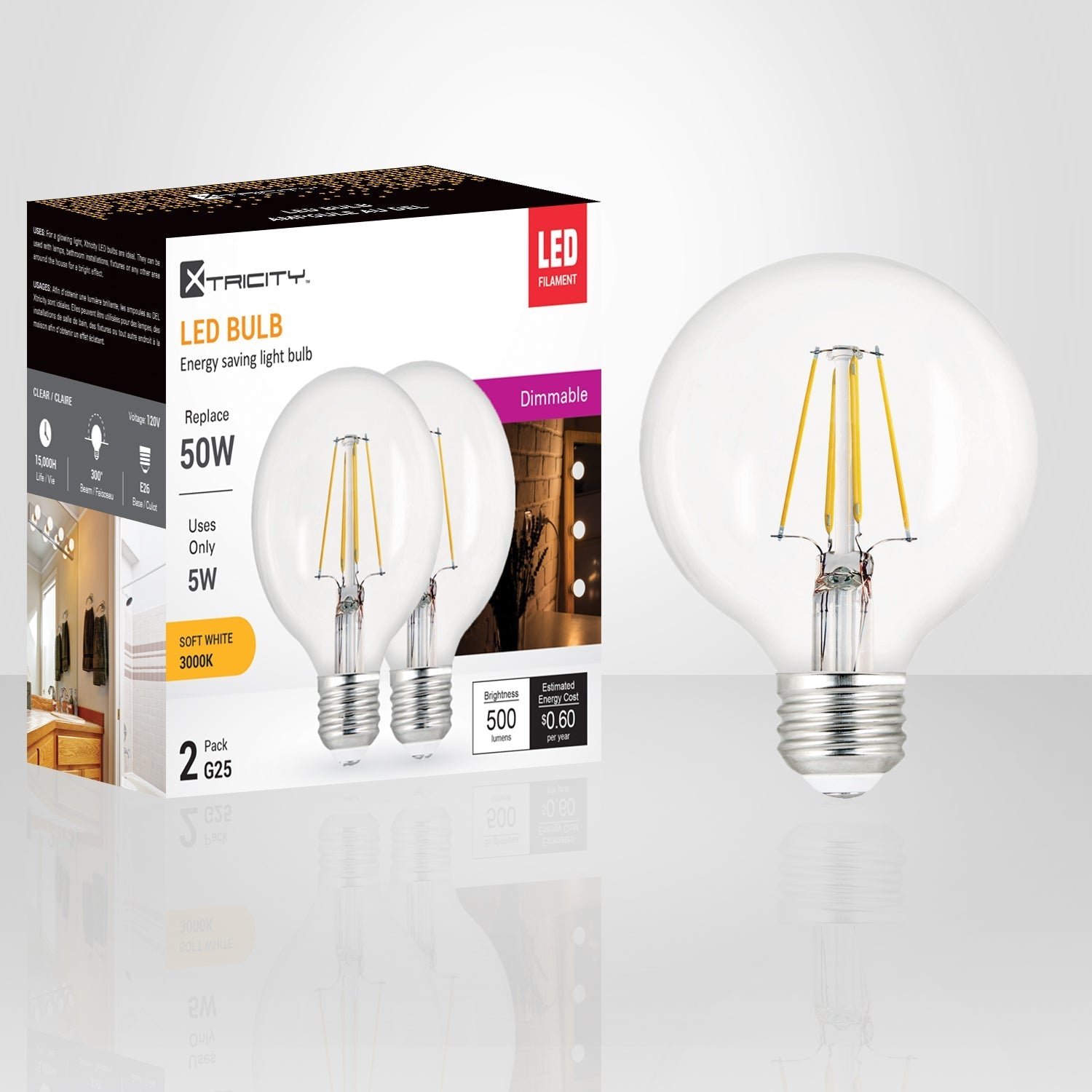 Xtricity - Ensemble de 2 Ampoules DEL Gradables à économie d'énergie, 5W, Culot E26, 3000K Blanc Doux - emballage - Simple Boutique
