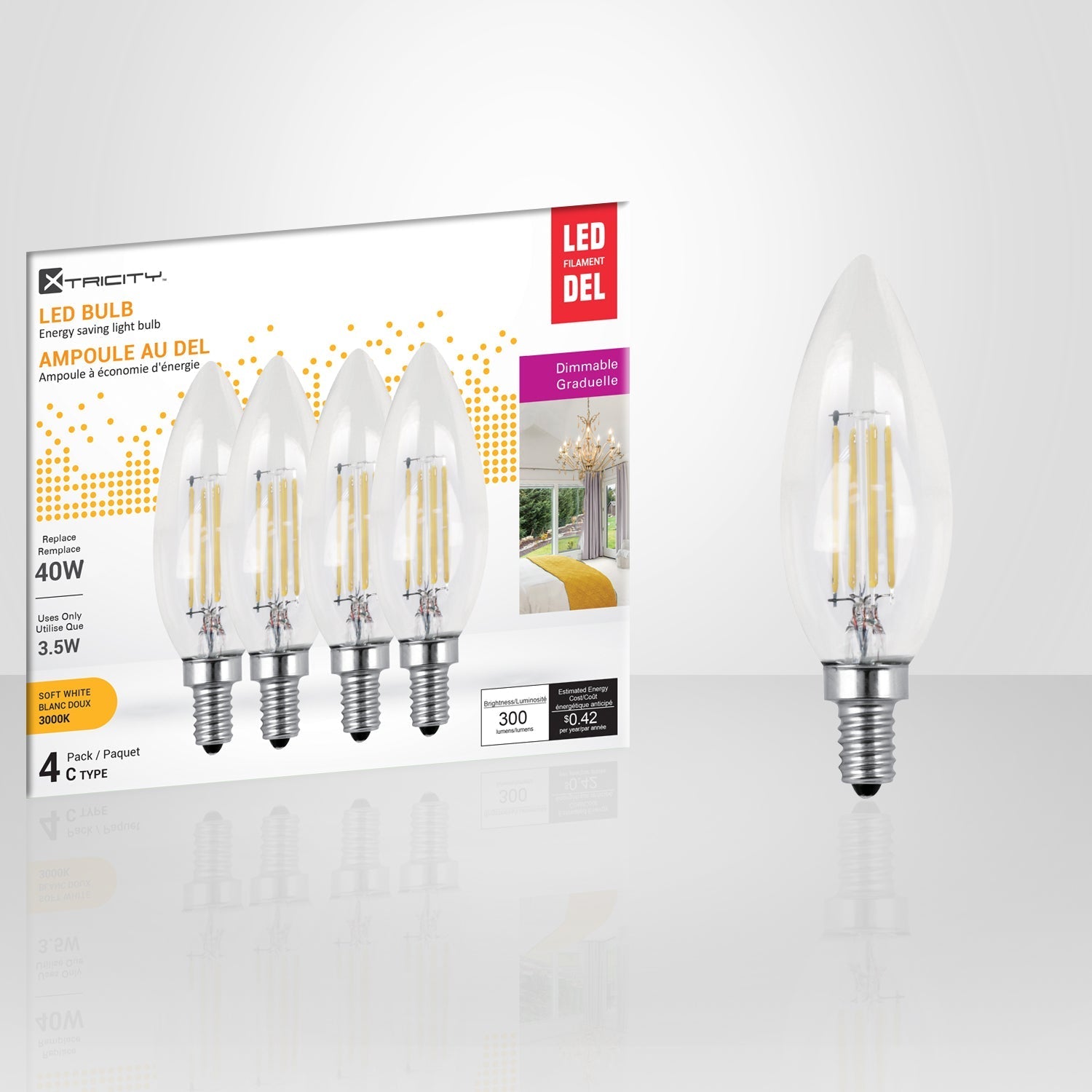 Xtricity - Ensemble de 4 Ampoules DEL Gradables à économie d'énergie, 3.5W, Culot E12, 3000K Blanc Doux - emballage - Simple Boutique