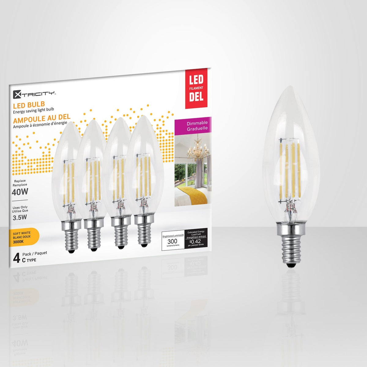 Xtricity - Ensemble de 4 Ampoules DEL Gradables à économie d'énergie, 3.5W, Culot E12, 3000K Blanc Doux - emballage - Simple Boutique
