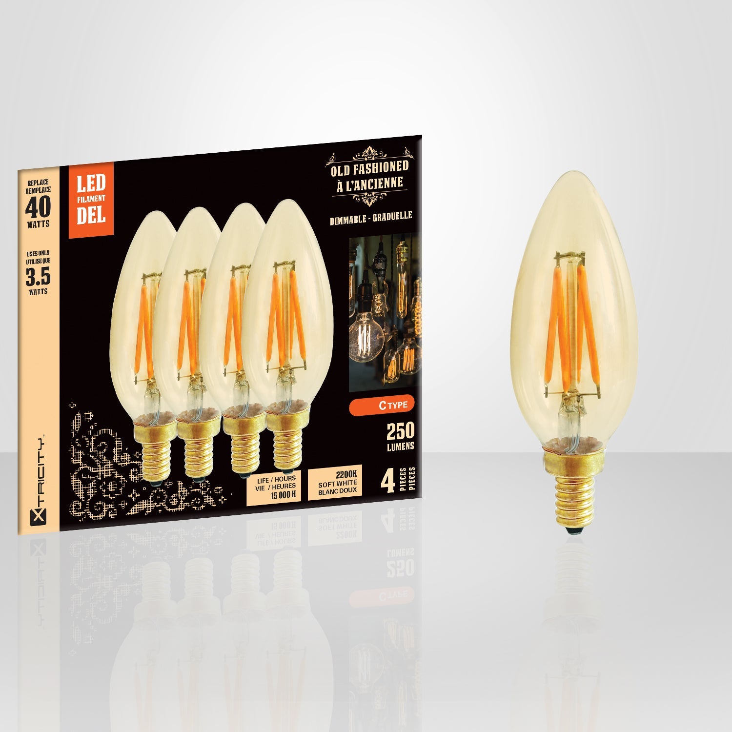 Xtricity - Ensemble de 4 Ampoules DEL Style à l'ancienne, 3.5W, Culot E12, 2200K Blanc Doux - emballage - Simple Boutique