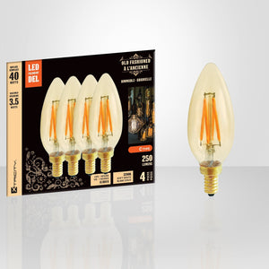 Xtricity - Ensemble de 4 Ampoules DEL Style à l'ancienne, 3.5W, Culot E12, 2200K Blanc Doux - emballage - Simple Boutique