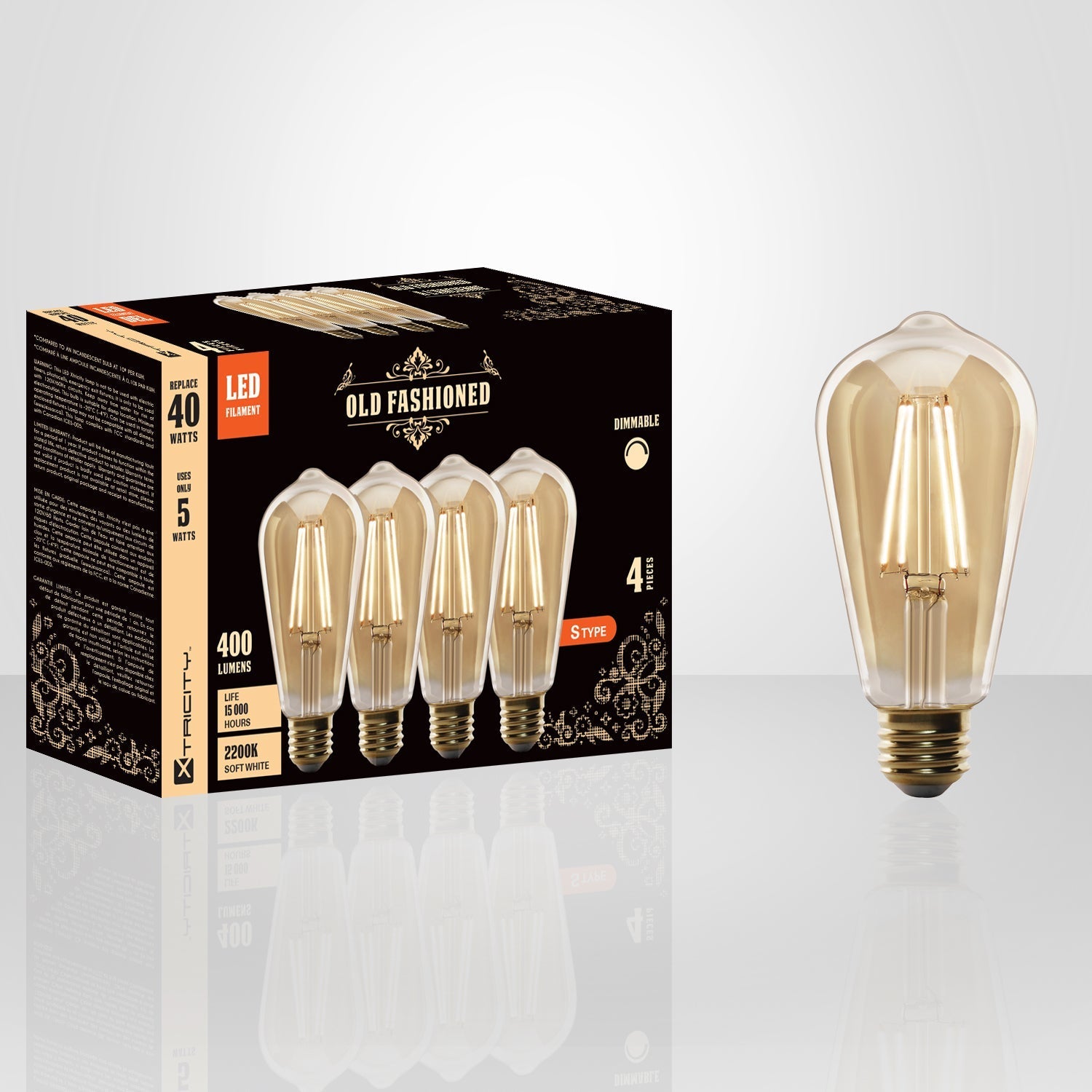 Xtricity - Ensemble de 4 Ampoules DEL Style à l'ancienne, 5W, Culot E26, 2200K Blanc Doux - emballage - Simple Boutique