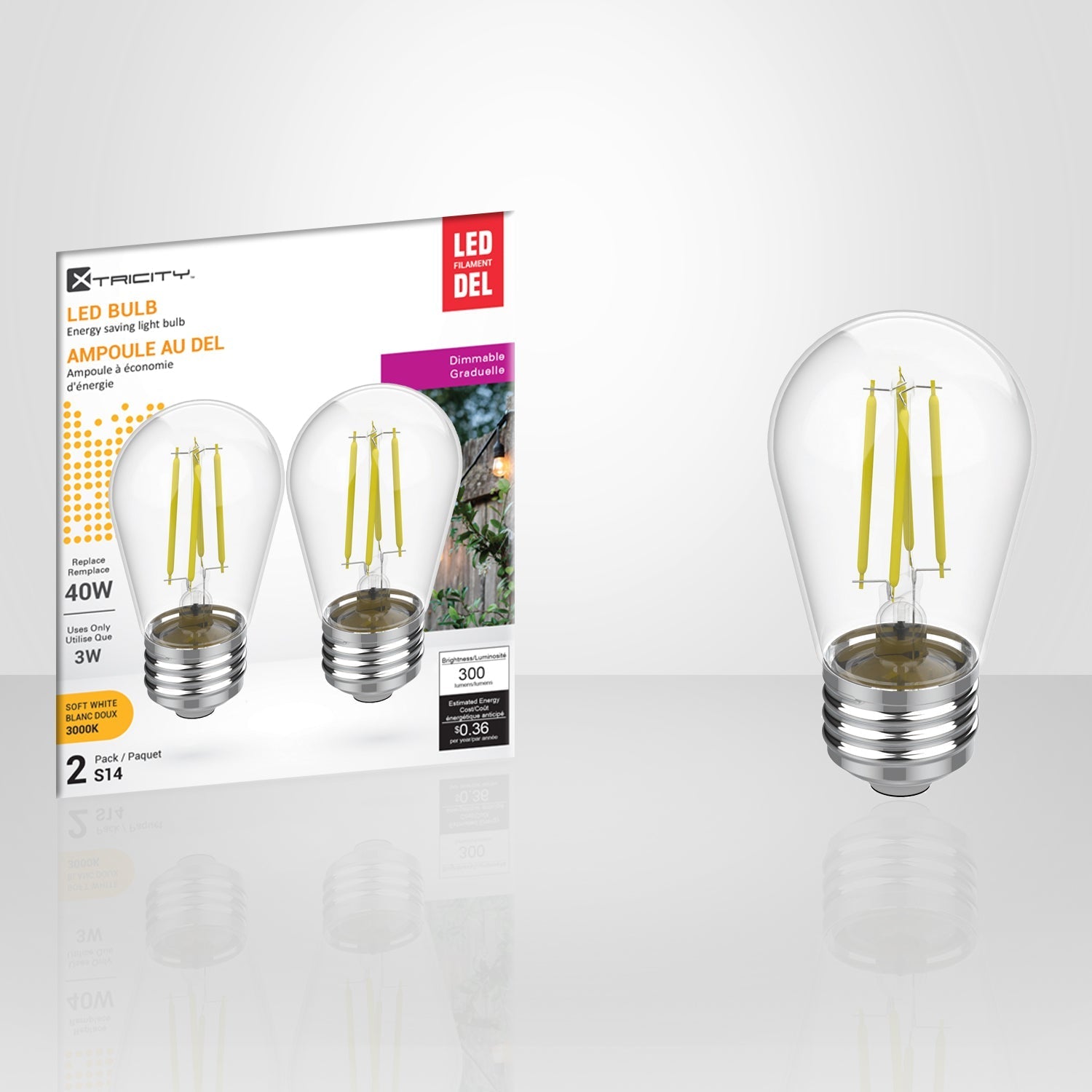 Xtricity - Ensemble de 2 Ampoules DEL Gradable à économie d'énergie, 3W, Culot E26, 3000K Blanc Doux - emballage - Simple Boutique