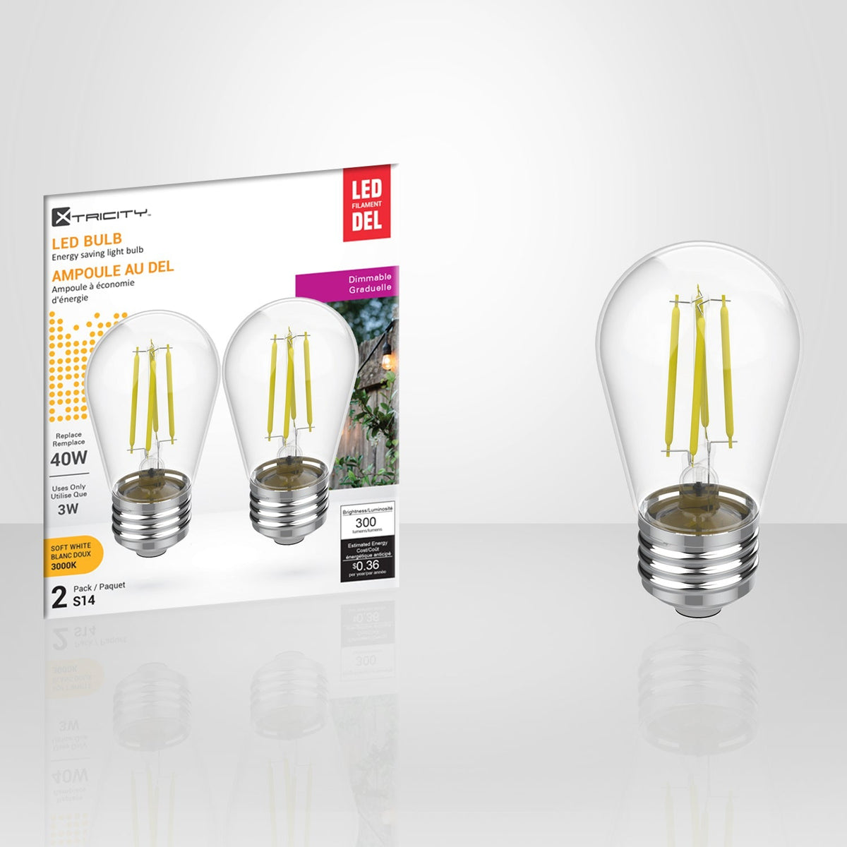 Xtricity - Ensemble de 2 Ampoules DEL Gradable à économie d'énergie, 3W, Culot E26, 3000K Blanc Doux - emballage - Simple Boutique