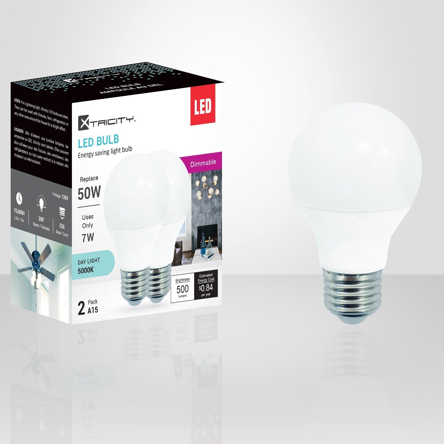 Xtricity - Ampoule DEL Gradable à économie d'énergie, 7W, Culot E26, 5000K Lumière du Jour - emballage - Simple Boutique