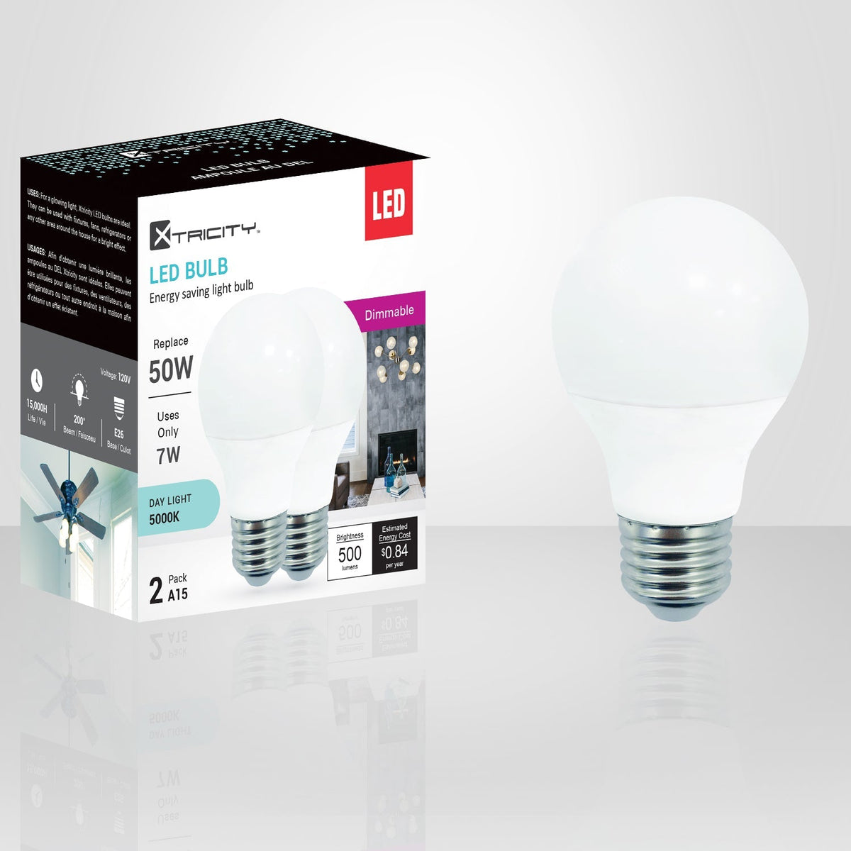Xtricity - Ampoule DEL Gradable à économie d'énergie, 7W, Culot E26, 5000K Lumière du Jour - emballage - Simple Boutique