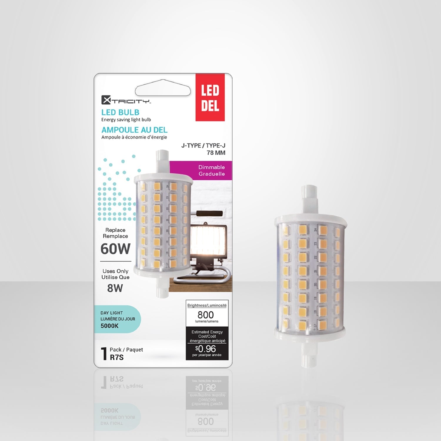 Xtricity - Ampoule DEL à Économie d'énergie, Gradable, 8W, Culot R7S, 5000K Lumière du Jour - emballage - Simple Boutique