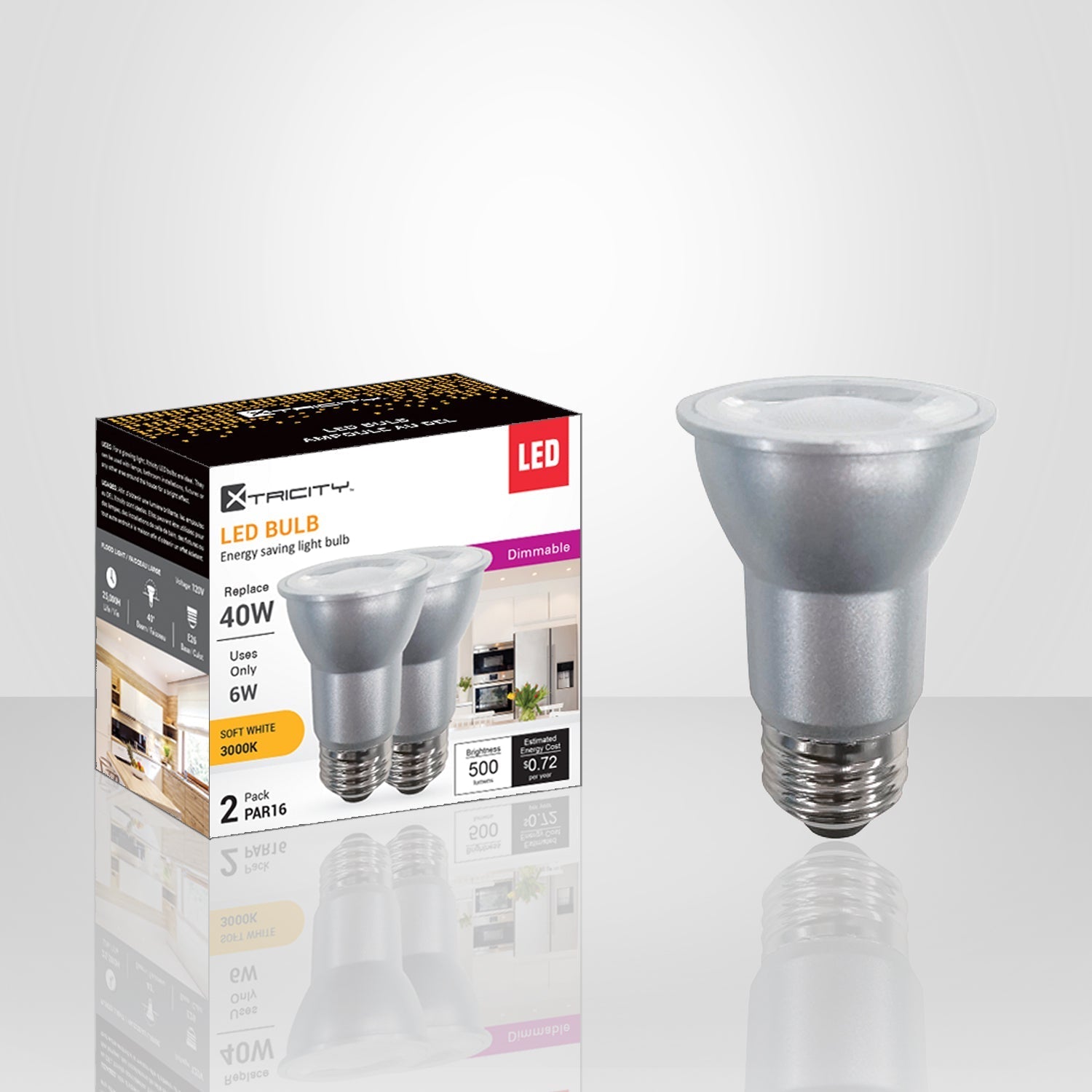 Xtricity - Ensemble de 2 Ampoule DEL à Économie d'énergie, Gradable, 6W, Type PAR16, 3000K Blanc Doux - emballage - Simple Boutique