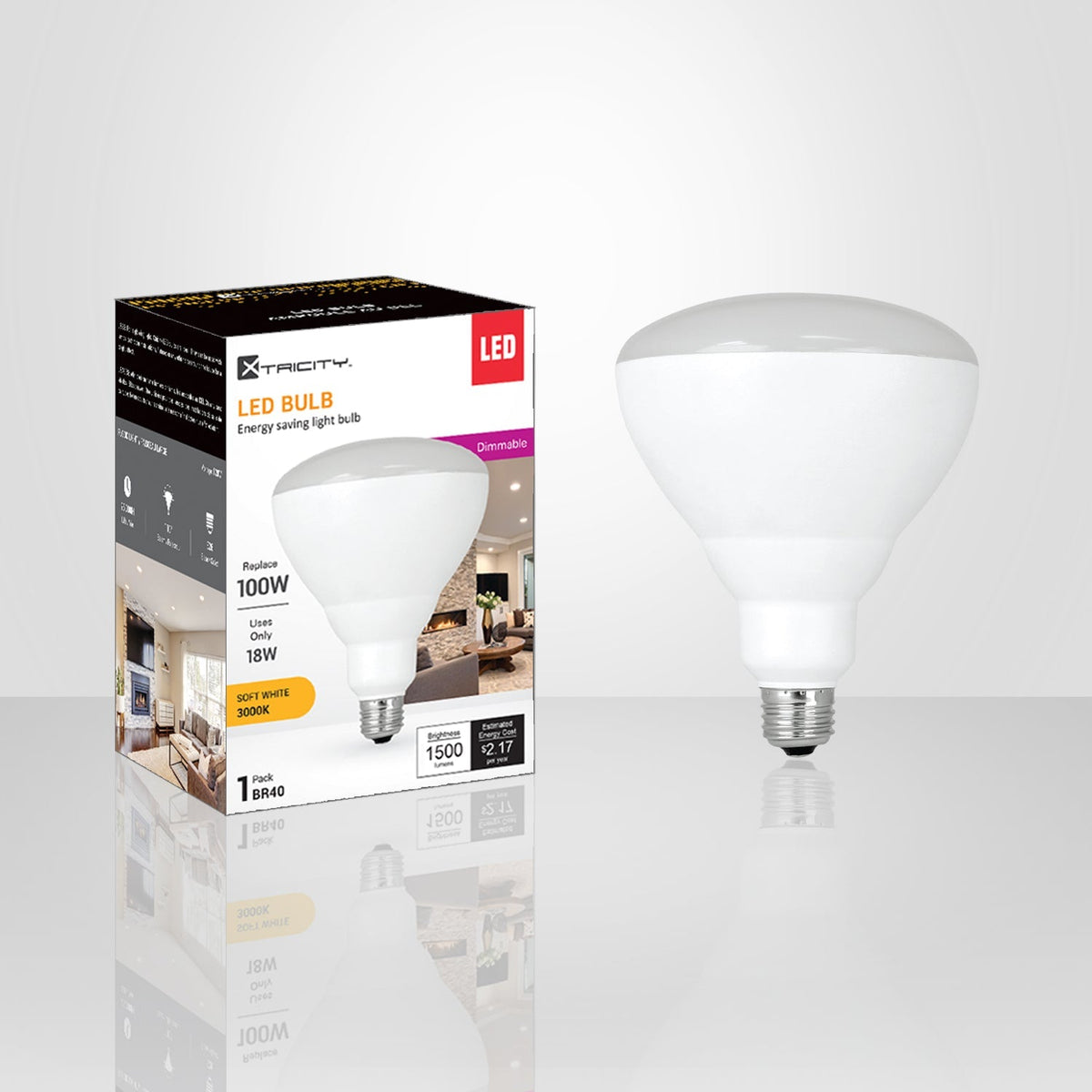 Xtricity - Ampoule DEL à Économie d'énergie, Gradable, 18W, Type BR40, 3000K Blanc Doux - emballage - Simple Boutique